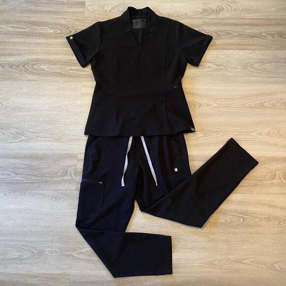 Figs Pants - FIGS Black Yola Straight Leg Inala V-neck Top Scrub Set Uniform Women's Medium